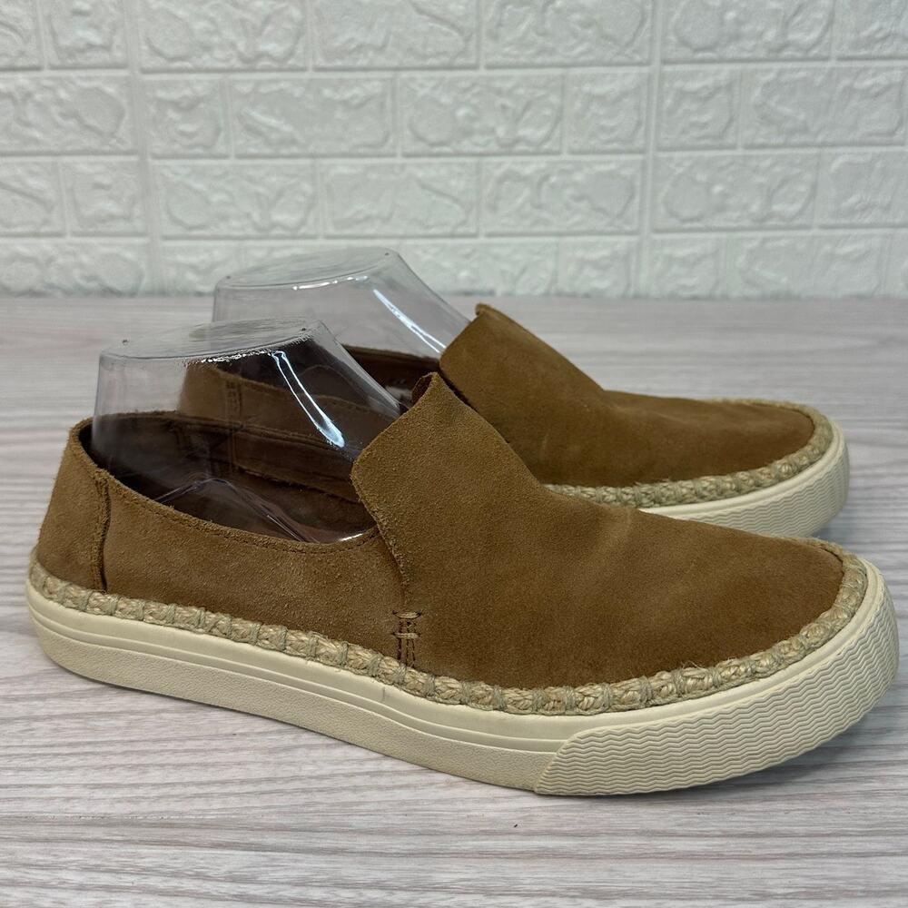 TOMS Sunset Suede Slip-On Shoes WMNS 8.5 Toffee Jute Accent Low Top Flat Casual